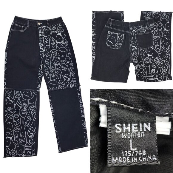 Shein Womens Large 28x30 High Waist Black Raw Cut Denim Jeans Cartoon Graphics - Picture 1 of 12